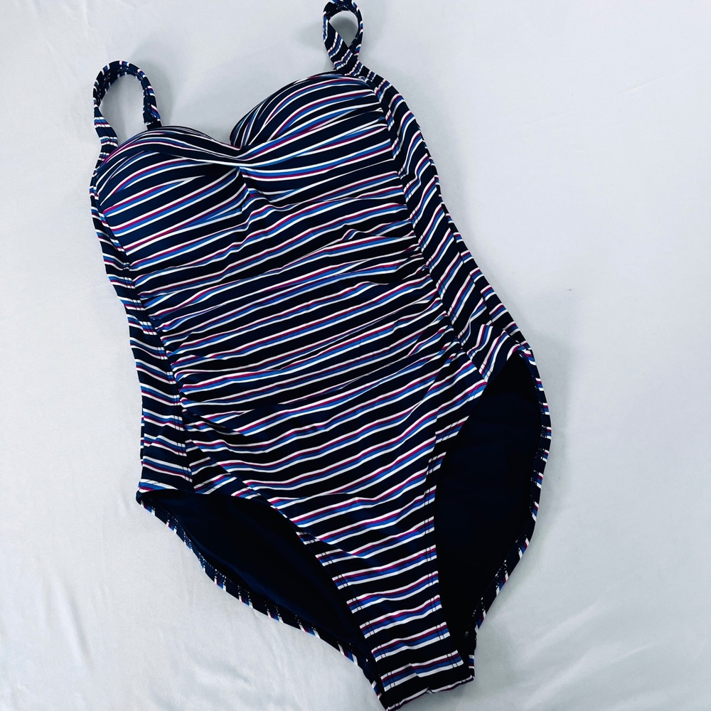 Niptuck Swim Navy Blue Red White Striped Twist Front One Piece Swimsuit Womens 6